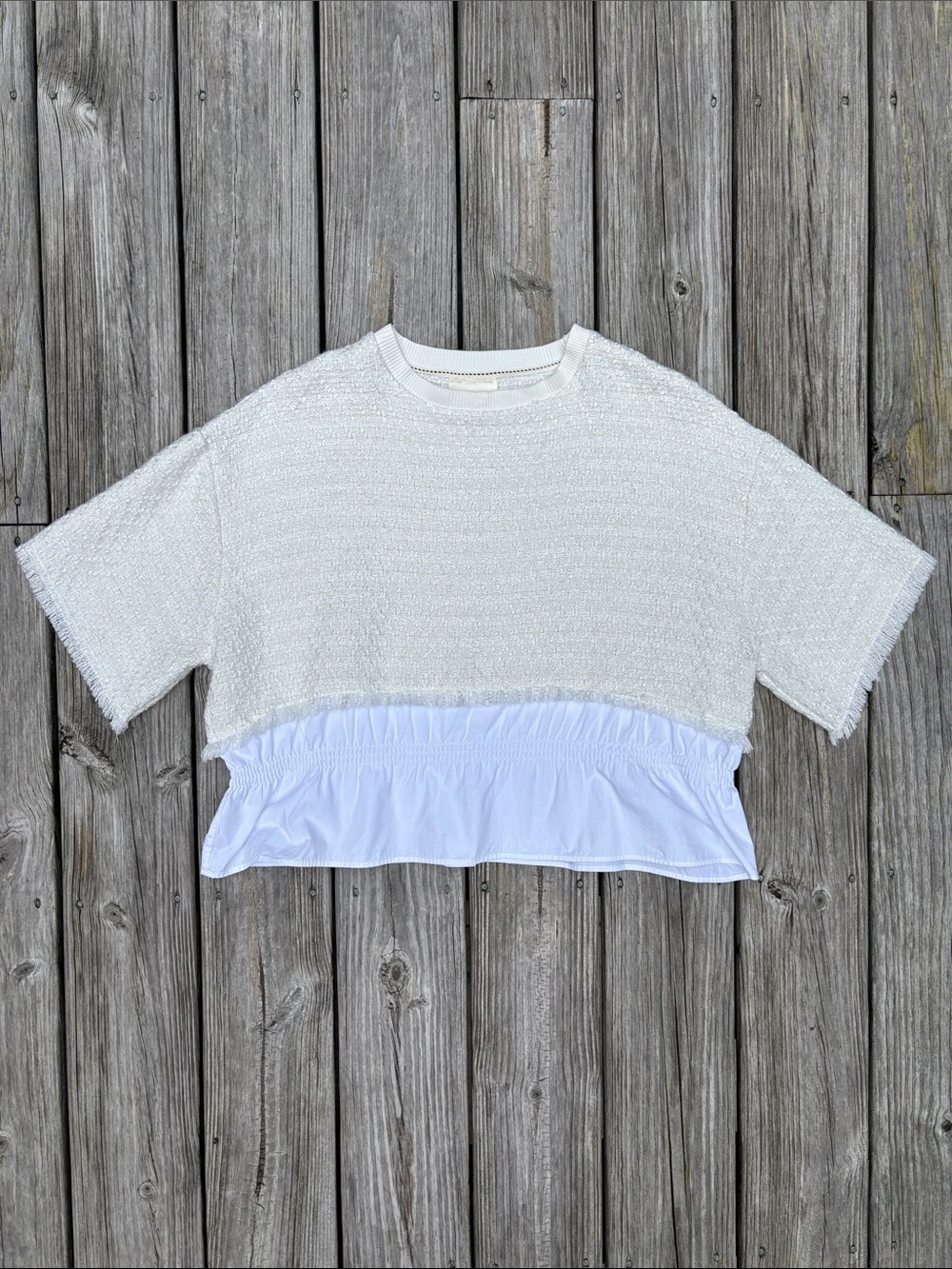 MAEVE by ANTHROPOLOGIE | White Tweed Ruffle Twofer Coquette Boho Blouse | Size L